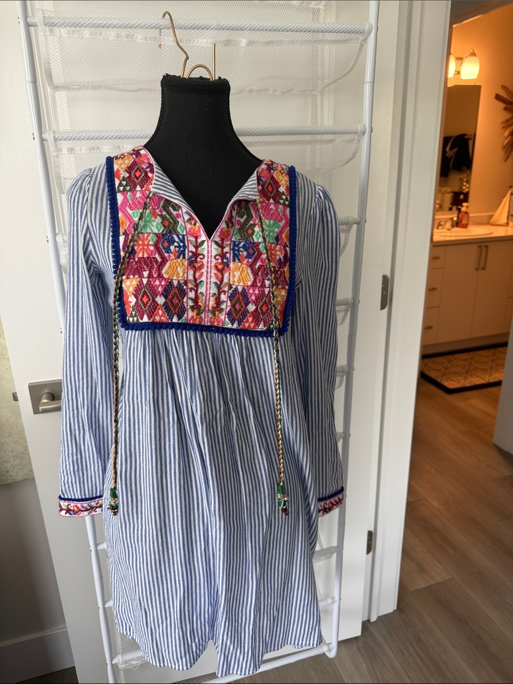 Kids Blue Stripe Dress with Multicolor Embroidered Yoke